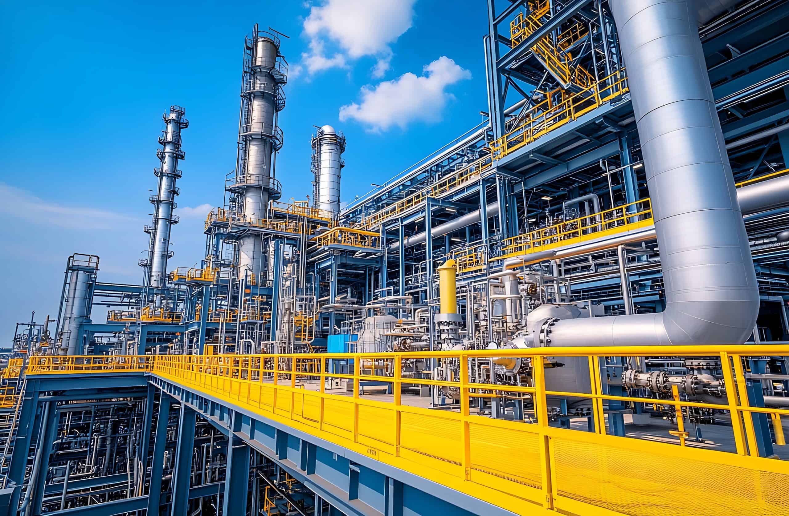 Industrial refinery with metal pipes, towers, and platforms displays advanced engineering beneath a partly cloudy blue sky.