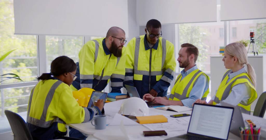 Five people in high-visibility jackets discuss engineering around a table with laptops, papers, and hard hats in a bright office.