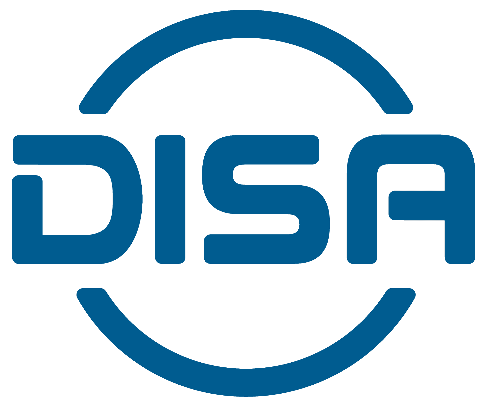 Blue DISA logo with stylized curves and letters, representing reliability, on a white background.