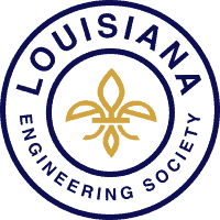 Circular logo for Louisiana Engineering Society, featuring a gold fleur-de-lis and text, symbolizing engineering excellence.